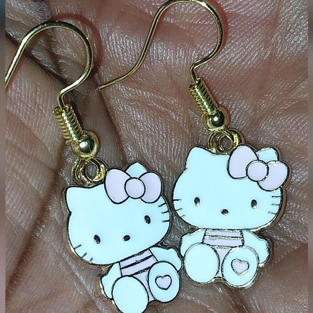 Whimsical Pink Character kitty dangle earrings For Adults And Kids - Picture 3 of 3